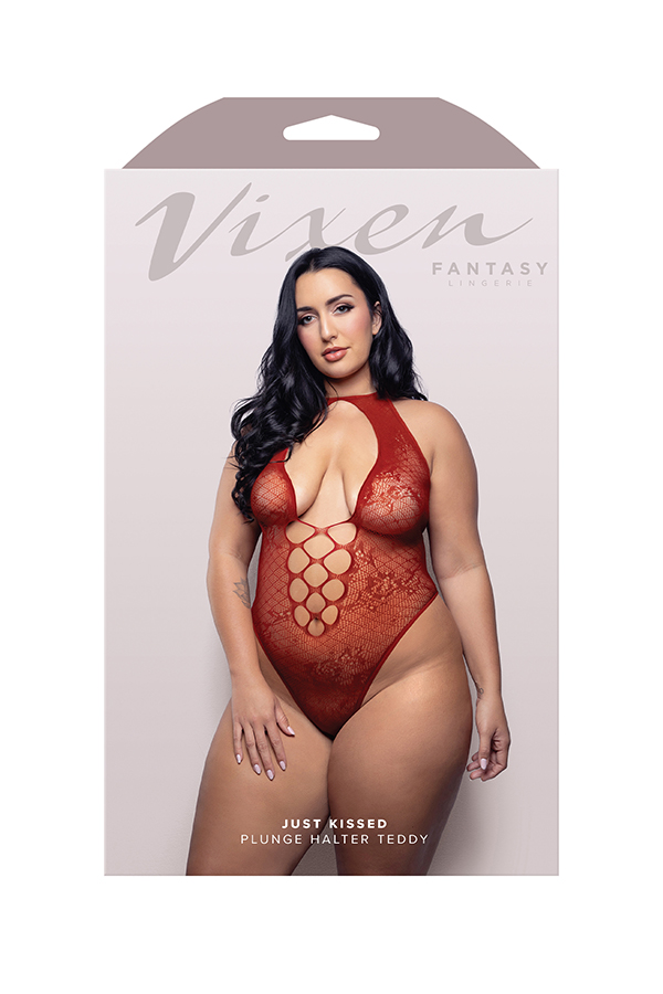 JUST KISSED Halter tie plunge teddy in floral lace knit (Red)