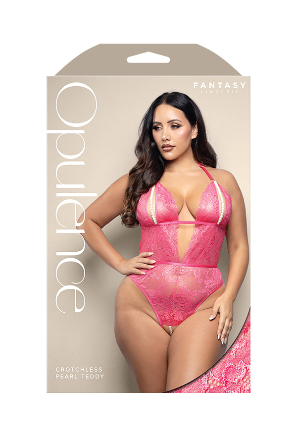 Crotchless teddy with split pearl string cups, cut-out back and adjustable pearl g-string in shimmer lace