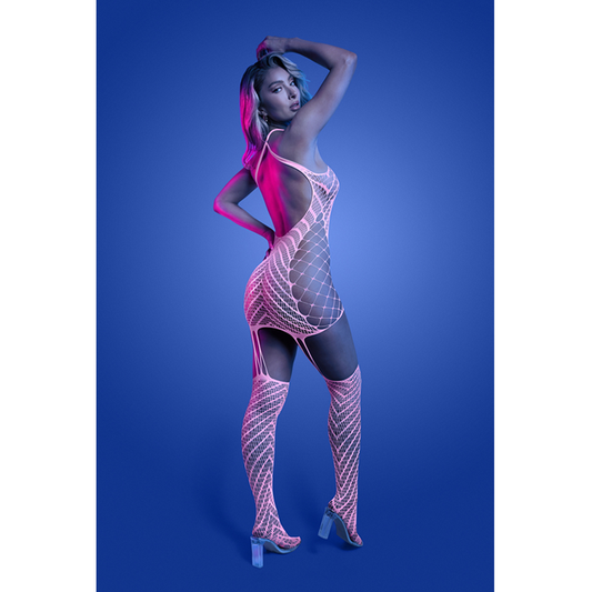 METAMORPHIC Glow-in-the-dark bodystocking dress; glows pink (White)