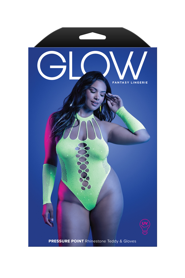 PRESSURE POINT UV reactive rhinestone knit teddy and matching gloves (can also be worn as leg warmers)