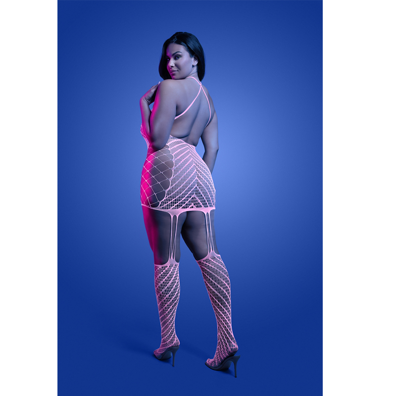 METAMORPHIC Glow-in-the-dark bodystocking dress; glows pink (White)