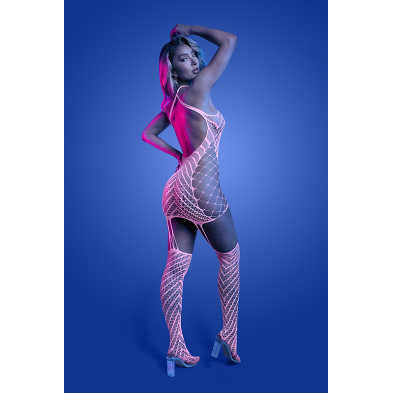 METAMORPHIC Glow-in-the-dark bodystocking dress; glows pink (White)